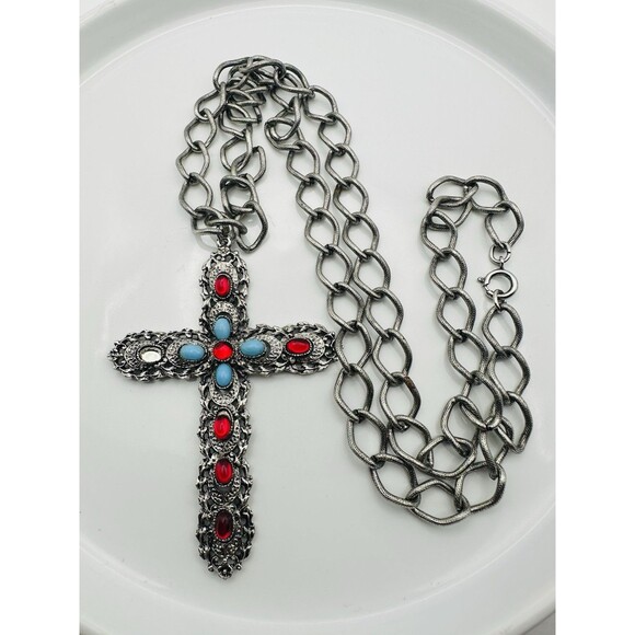 Vintage Signed Celebrity Cabochon Rhinestone Cross Pendant Necklace 28” READ - Picture 1 of 6